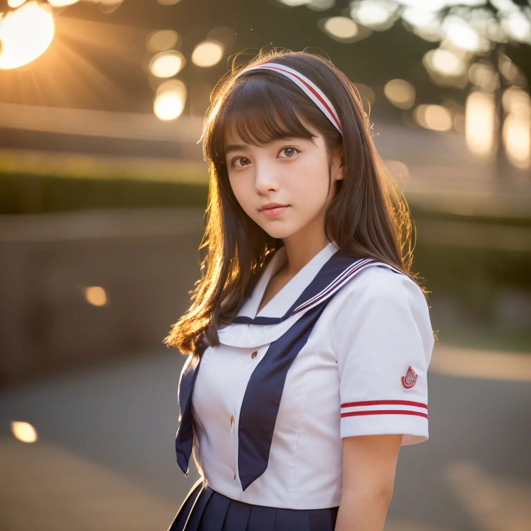 ((Japanese , uniform of a Japanese high school girl, uniform, adorable high school girl, high school girl dressed in), (School uniform worn by, cute high school girl, uniform, (8k, highest quality, masterpiece:1.2)), (Realistic, photorealistic:1.37, very detailed, highest quality, ultra-high resolution, professional writing, photon mapping, Radio City, physically based rendering, cinema lighting, depth of field, sharp focus, sun rays, good compositions, bokeh:1.2), one person, whole body,

A Japanese high school girl wearing her uniform, with beautiful ample breasts and captivating big eyes