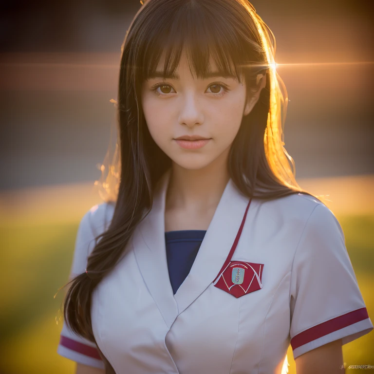 ((Japanese , uniform of a Japanese high school girl, uniform, adorable high school girl, high school girl dressed in), (School uniform worn by, cute high school girl, uniform, (8k, highest quality, masterpiece:1.2)), (Realistic, photorealistic:1.37, very detailed, highest quality, ultra-high resolution, professional writing, photon mapping, Radio City, physically based rendering, cinema lighting, depth of field, sharp focus, sun rays, good compositions, bokeh:1.2), one person, whole body,

A Japanese high school girl wearing her uniform, with beautiful ample breasts and captivating big eyes