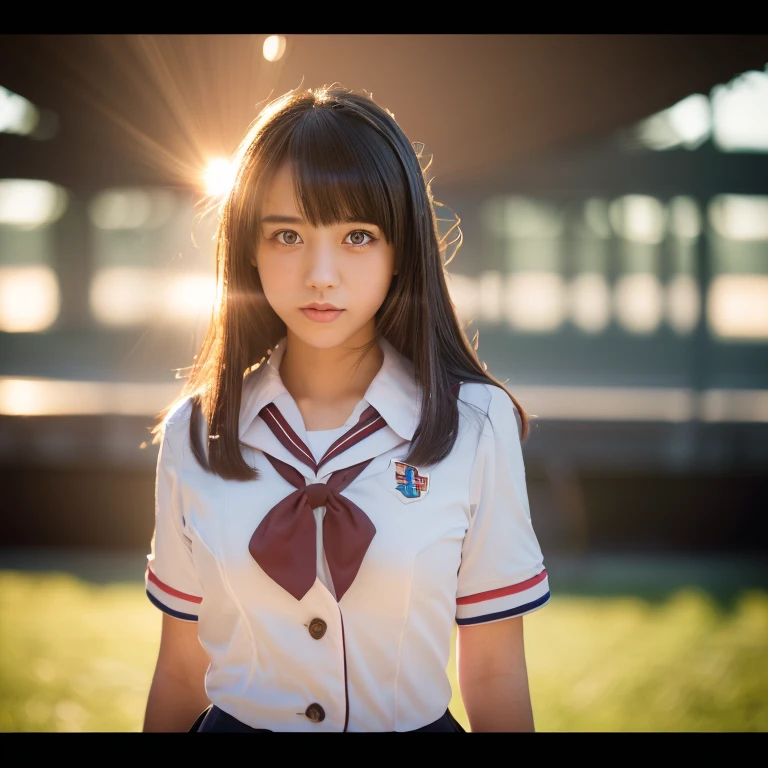 ((Japanese , uniform of a Japanese high school girl, uniform, adorable high school girl, high school girl dressed in), (School uniform worn by, cute high school girl, uniform, (8k, highest quality, masterpiece:1.2)), (Realistic, photorealistic:1.37, very detailed, highest quality, ultra-high resolution, professional writing, photon mapping, Radio City, physically based rendering, cinema lighting, depth of field, sharp focus, sun rays, good compositions, bokeh:1.2), one person, whole body,
A Japanese high school girl wearing her uniform, with beautiful ample breasts and captivating big eyes