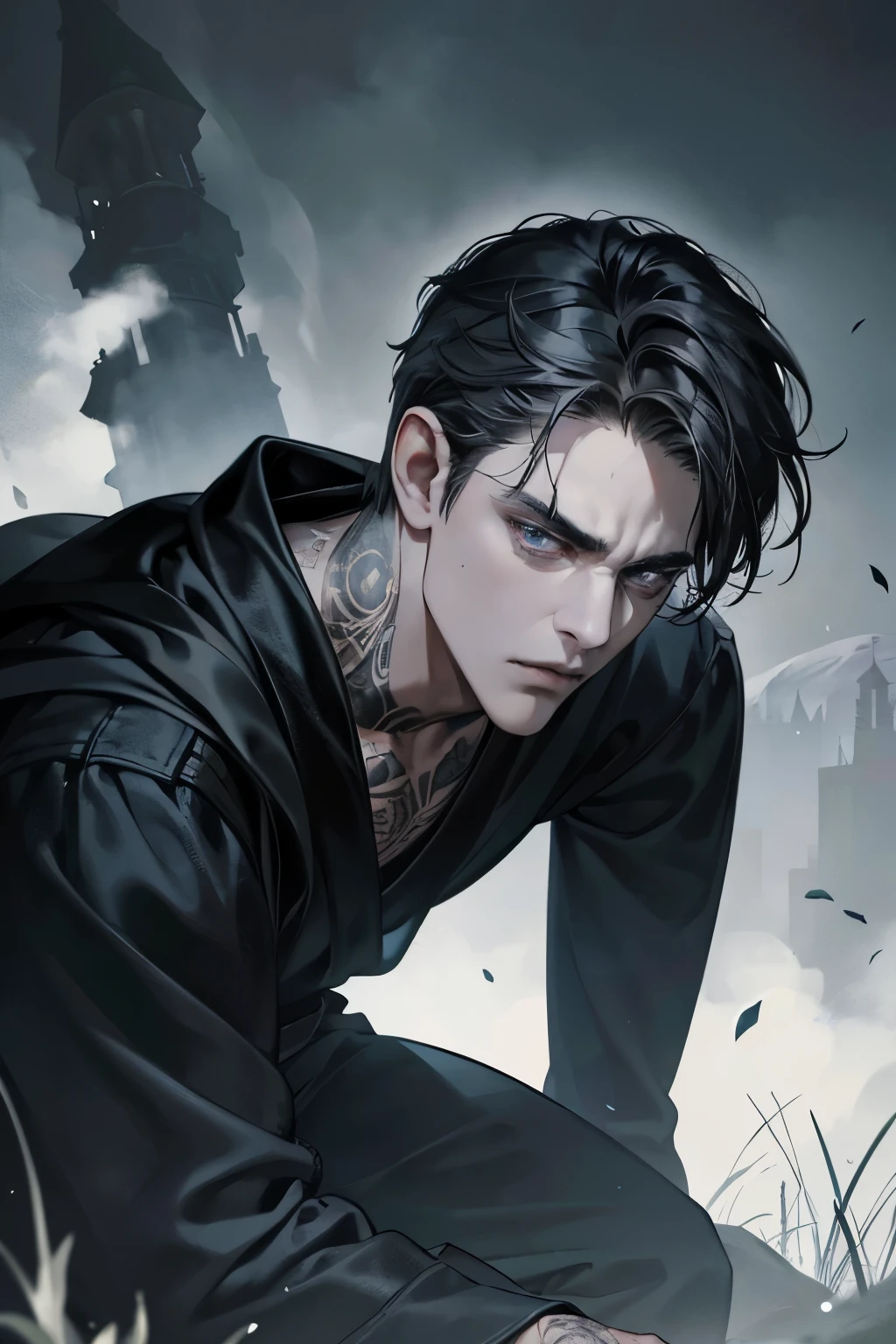 High quality masterpiece, super detailed, super emotion detailed, castle with grass, cold colours dramatic lighting, movie scene, anime style, perfect face, clean eyes, Middle Ages, clean emotions, full body! A cold mean man with black short curly hair, in expensive black Loose robe, with gray shining eyes, he is dark lord, he is arrogant and cold, He has a languid gaze, he is cool. He has black, elongated tattoos resembling veins on his face and body. he has black veins!!! His skin is gray! super quality, 4K, clean eyes, super quality ever! detailed emotions! dark fantasy!, middle ages! dark atmosphere he is sad!