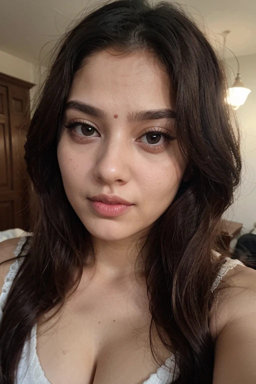 South indian character with round face, big eyes, long nose, pink lips, long hair, age 22, make her modern look
