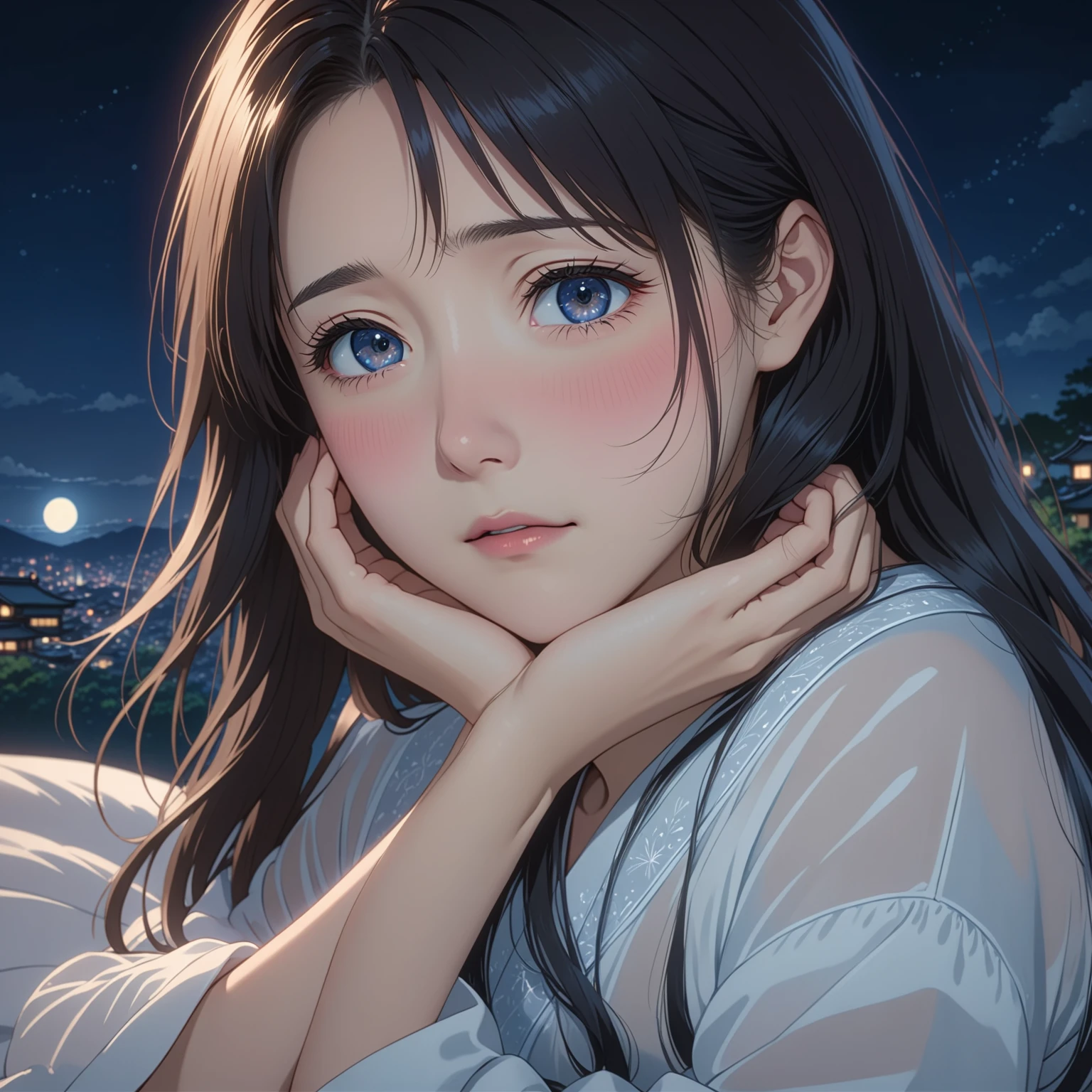 masterpiece, High resolution, illustration, kyoto animation style, Your name is cinematic style, night, midnight, Light, (1 female: 1.3), (alone: 1.4), long eyelashes, long hair, nose blushing, futon, embarrassed, transparent nightdress, face close-up, Hide with hands , Hide with hands, full body.