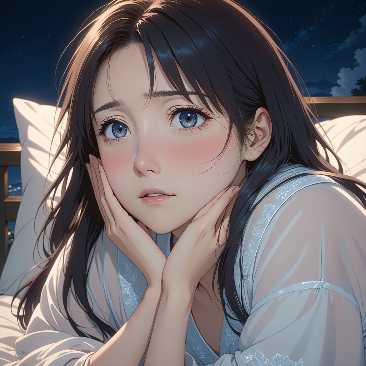 masterpiece, High resolution, illustration, kyoto animation style, Your name is cinematic style, night, midnight, Light, (1 female: 1.3), (alone: 1.4), long eyelashes, long hair, nose blushing, futon, embarrassed, transparent nightdress, face close-up, Hide with hands , Hide with hands, full body.