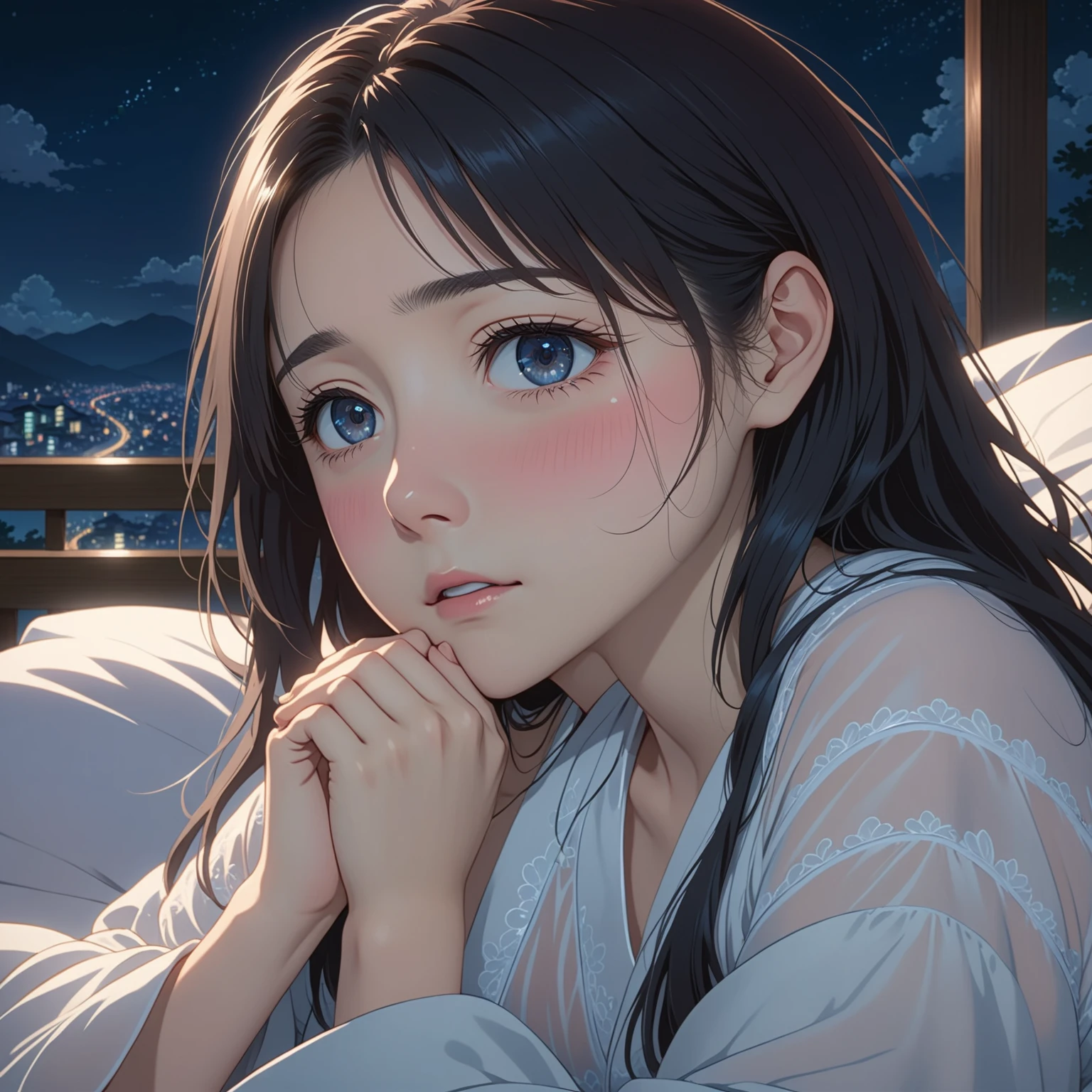 masterpiece, High resolution, illustration, kyoto animation style, Your name is cinematic style, night, midnight, Light, (1 female: 1.3), (alone: 1.4), long eyelashes, long hair, nose blushing, futon, embarrassed, transparent nightdress, face close-up, Hide with hands , Hide with hands, full body.
