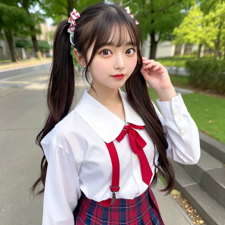 (8k, best quality, masterpiece:1.1), hyper-realistic, photo-realistic:1.45, 1 girl, Japanese , seifuku, cute schoolgirl, dressed as a , wearing a Japanese , school girl,

The image showcases a hyperrealistic  in her pristine Japanese uniform, represented in the finest detail.Her sleek, arranged Asian features are accentuated by her long, dark hair, neatly tied up in two pigtails with matching red ribbons. Her blouse, adorned with a tiny collar, is crisp and white, contrasting beautifully with the plaid skirt that reaches just below