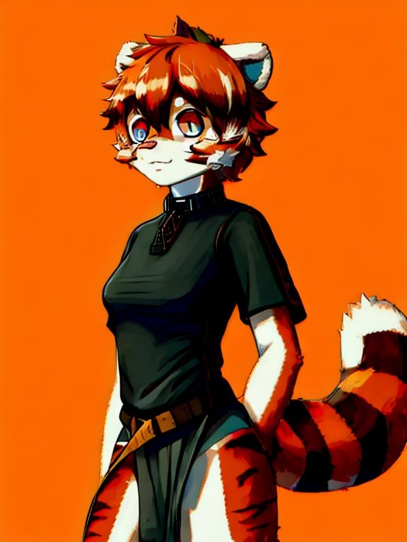 Masterpiece, intricate, anime style, full body, 1girl, rakkun, tanuki ears, red inner ears, red inner ear hair, 1tail, fluffy tail, racoon tail, brown and light brown ringed tail, beautiful eyes, detailed eyes, red and blue eyes blurred, short hair, red inner hair, brown hair, a strand of hair on the left side, red hair strips, short black shirt uncovered on the shoulders and with a black mesh with black borders up to the collar, polo shirt, short black skitr whit dark red checkered, black belt around the waist, looking at viewer, detailed face, best quality, 4k,highres, professional art, professional drawing, professional lineart, outlined markers