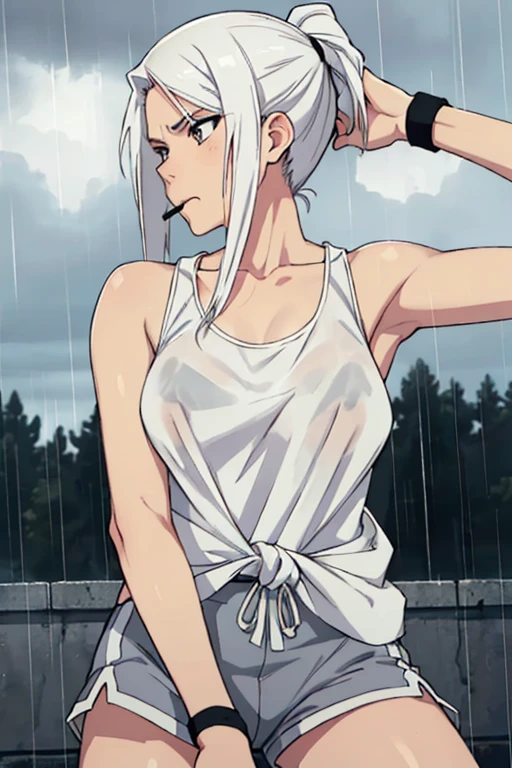 ((best quality)), (detailed), perfect face, white hair, tank top, tying hair in pony tail, shorts, army base background, cloudy skies, (raining,) hair tie in mouth, neutral expression.