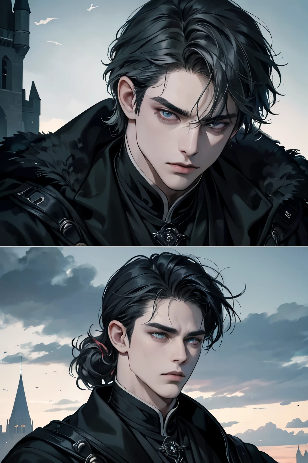 High quality masterpiece, super detailed, super emotion detailed, castle with grass, cold colours dramatic lighting, movie scene, anime style, perfect face, clean eyes, Middle Ages, clean emotions, full body! A cold mean man with black short curly hair, in expensive black Loose robe, with gray shining eyes, he is dark lord, he is arrogant and cold, He has a languid gaze, he is cool. He has black, elongated tattoos resembling veins on his face and body. he has black veins!!! His skin is gray! super quality, 4K, clean eyes, super quality ever! detailed emotions! dark fantasy!, middle ages! dark atmosphere he is sad! he is sad! curly hair. green gross