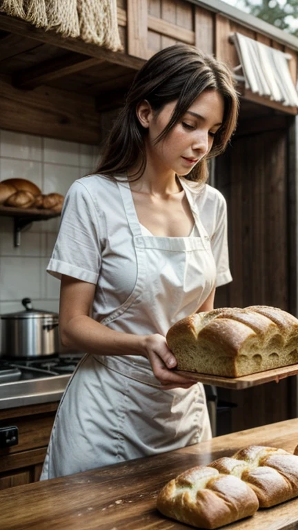 A shot of the woman placing the freshly baked loaves of bread on a wooden table to cool.