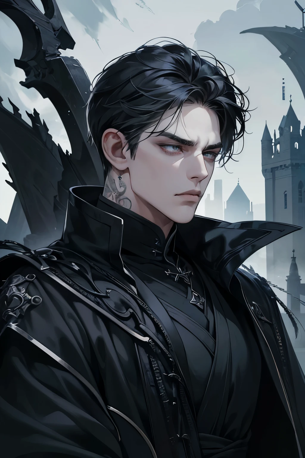 High quality masterpiece, super detailed, super emotion detailed, castle with grass, cold colours dramatic lighting, movie scene, anime style, perfect face, clean eyes, Middle Ages, clean emotions, full body! A cold mean man with black short curly hair, in expensive black Loose robe, with gray shining eyes, he is dark lord, he is arrogant and cold, He has a languid gaze, he is cool. He has black, elongated tattoos resembling veins on his face and body. he has black veins!!! His skin is gray! super quality, 4K, clean eyes, super quality ever! detailed emotions! dark fantasy!, middle ages! dark atmosphere he is sad!