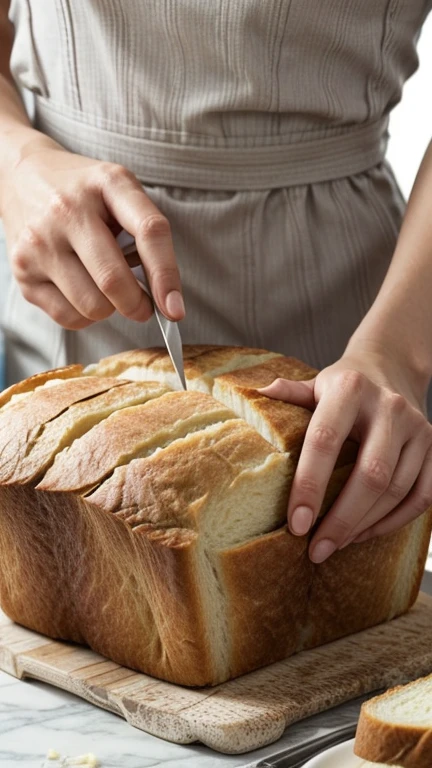 : Close-up of the woman's hands as she carefully slices one loaf of bread, preparing it for sharing.