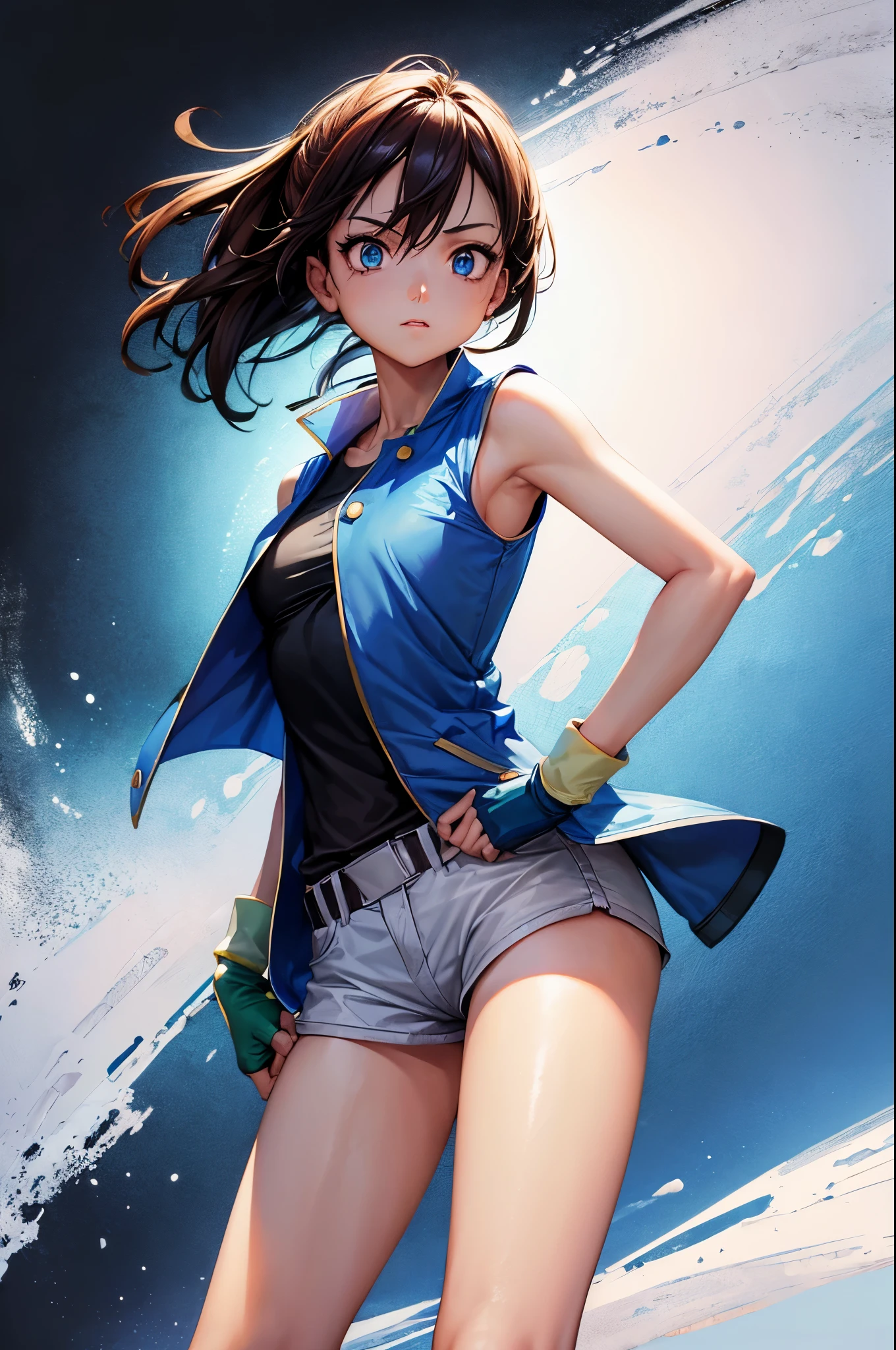 (masterpiece, best quality:1.2), expressive eyes, perfect face, highres, 1girl, solo, (female:1.5), OGAshK, blue jacket, sleeveless jacket, shirt, short sleeves, pants, fingerlss gloves, standing, portrait, looking at the viewer