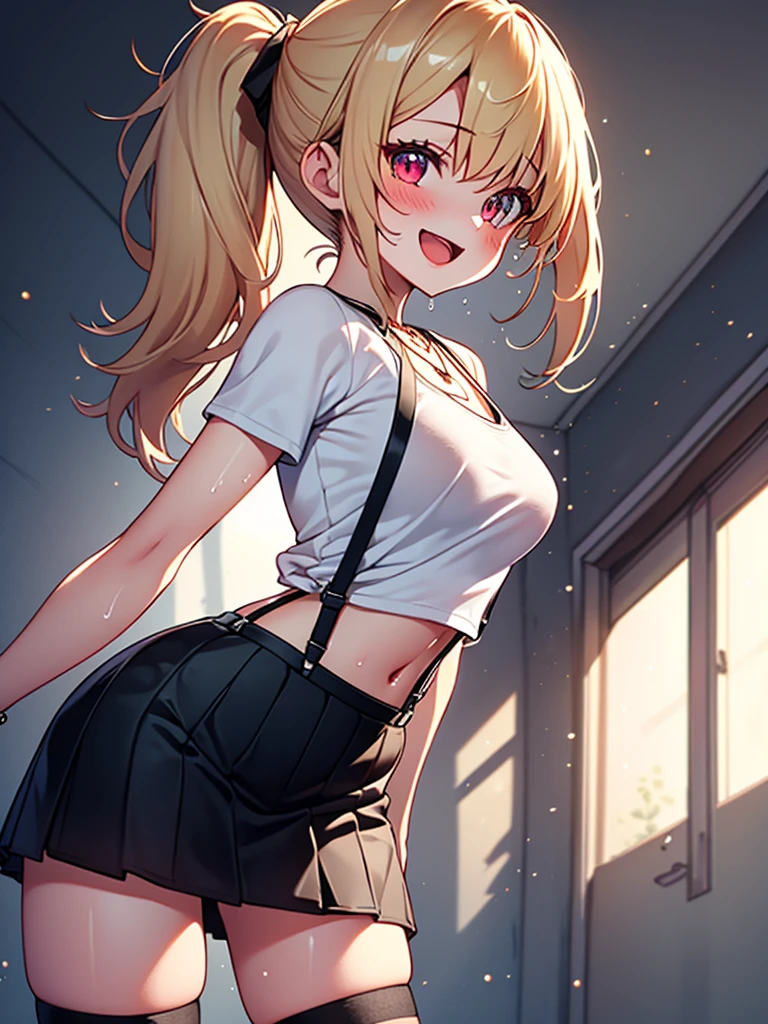  (highest quality, High resolution, perfect pixel, Depth of bounds written, 4K), detailed eyes, (1 girl), (from behind:1.2), perfect body, medium breasts, blond hair, (side ponytail), white t-shirt, see through, (v-neck), (black suspender skirt), necklace, (kneehighs), bellybutton, (standing), leaning forward, (arm behind head:1.2), (arms behind back:1.2), (looking up), blush, seductive smile, open mouth, wet,