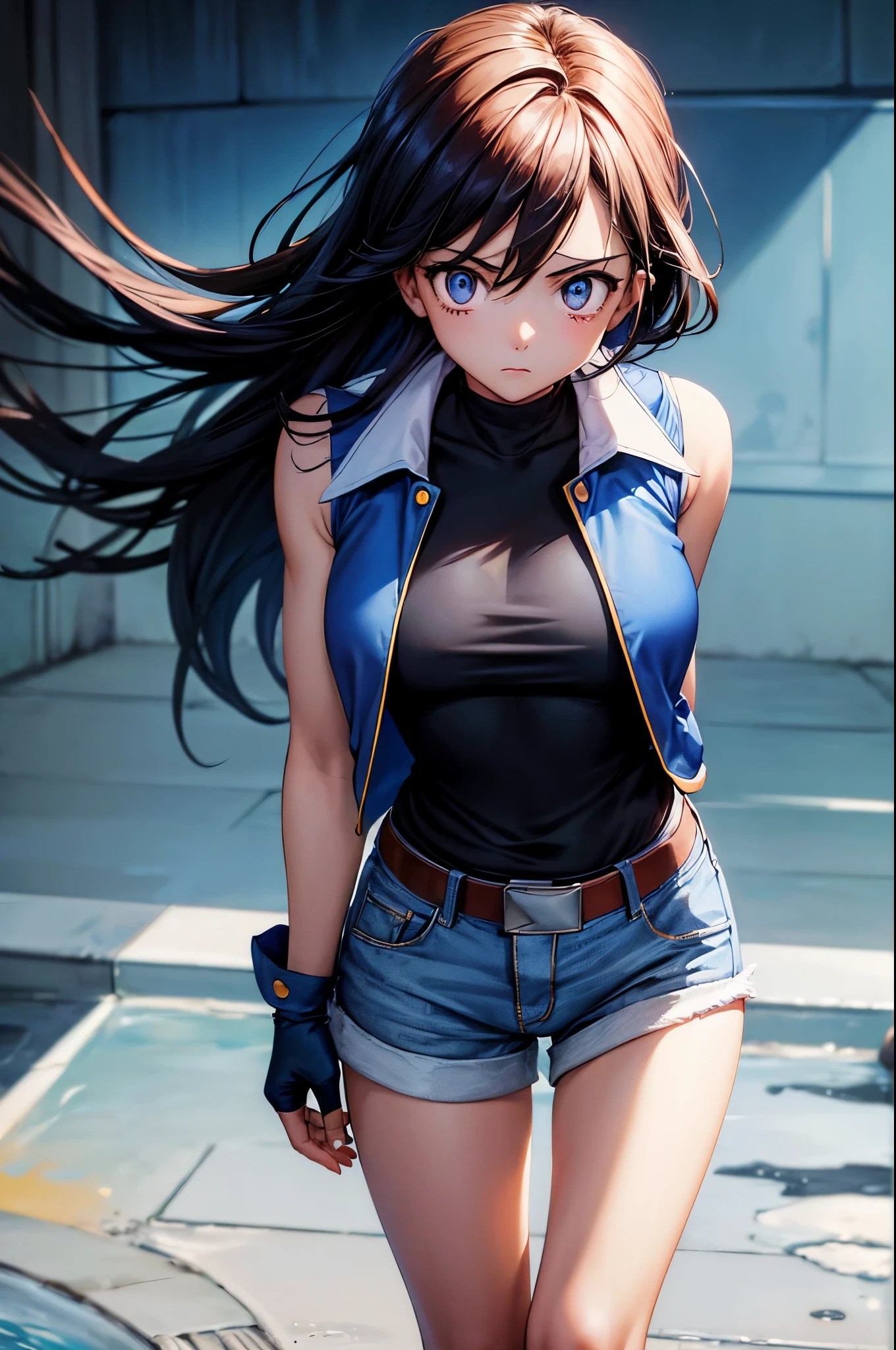 (masterpiece, best quality:1.2), expressive eyes, perfect face, highres, 1girl, solo, (female:1.5), OGAshK, blue jacket, sleeveless jacket, shirt, short sleeves, pants, fingerlss gloves, standing, portrait, looking at the viewer