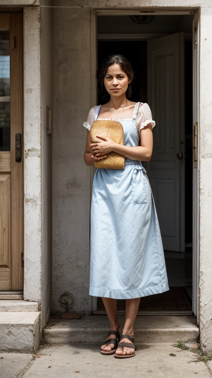 The woman standing at her doorstep, holding a loaf of bread, with a hopeful expression as she awaits passersby.