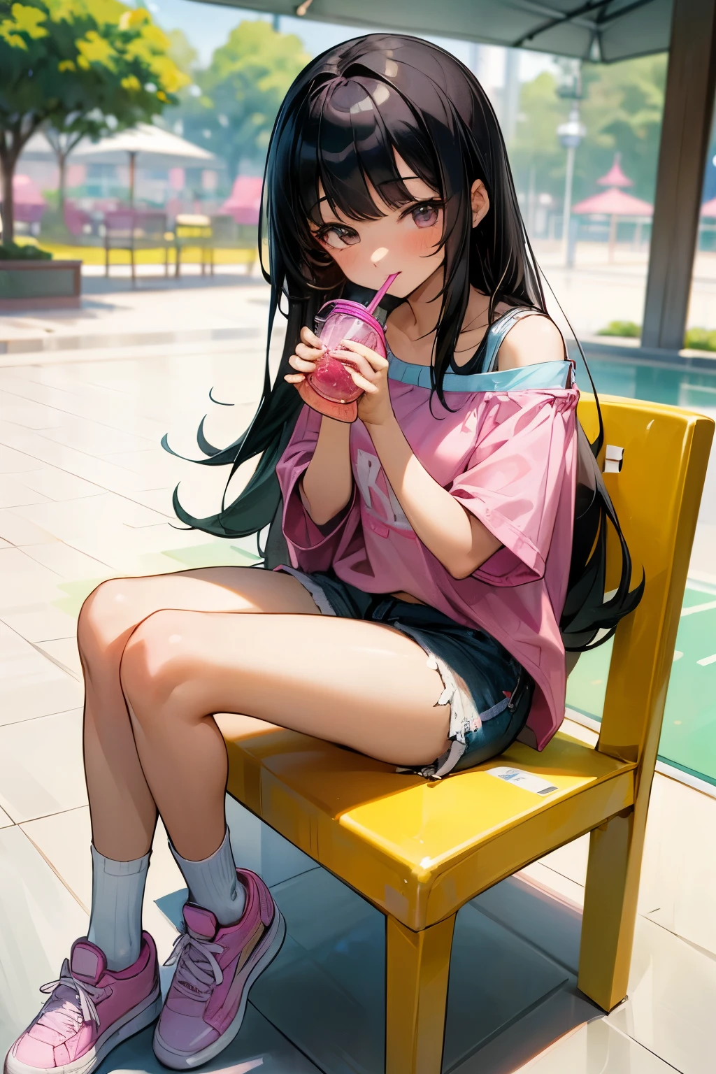 ((masterpiece)), ((best quality)), ((ultra-detailed)),1girl,shoes, long hair, solo, shirt, smile, shorts, black hair, socks, pink shirt, pink footwear, white socks, off shoulder, sneakers, blush,cutoffs, bangs, closed mouth,food court,sitting,on the chair,(drink),