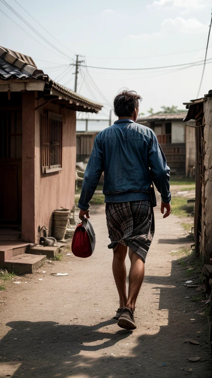 The recurring man approaching the woman's house, his worn clothes indicating a difficult life.