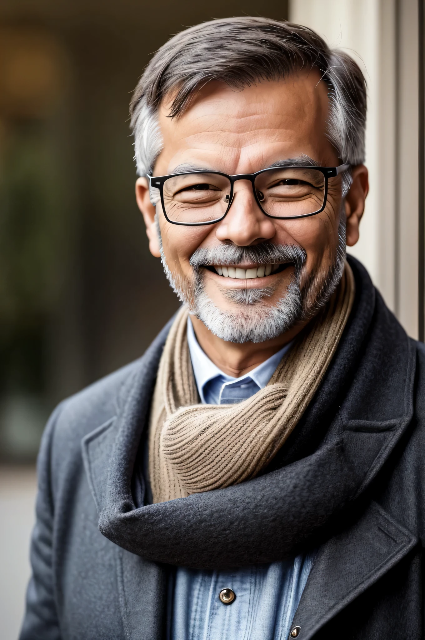 generates a middle-aged man smiling and thoughtful, only profile photo, a lot of friendliness on his face, wearing glasses, realistic image, 8k