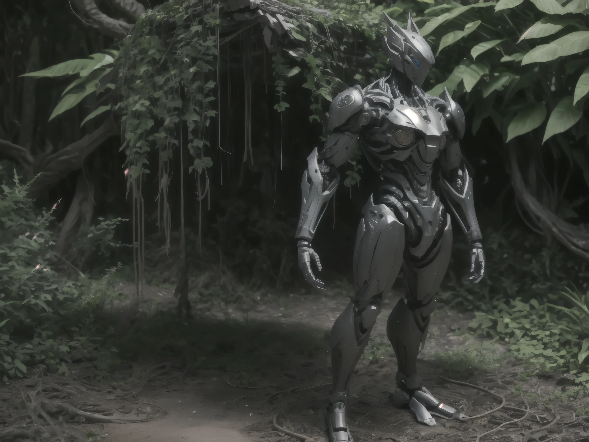((best quality)), ((masterpiece)), (detailed), slick design, small robot, surrounded by nature, cute, covered in vines, robotic, full body, miniature, ancient, 1 male, small stature, cute, covered and worn by nature, rusted coloring, small designs
