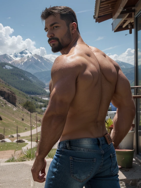 man in lumberjack suit, muscular, bigote, enfoque masculino, muscular body, Big Bubble butt, shirtless, piel bronceada, 38-year old man, manos definidas, muscular, fuerte, peludo, Masculino, In the background a mountain, HDR, volumetric lighting, Macho. full body blue white jeans total backside butt