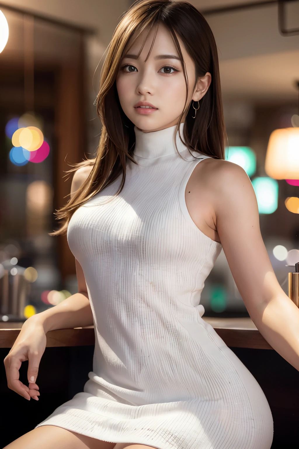 (masterpiece:1.3), High resolution, Very detailed, Very detailedな CG Unity 8k 壁紙, Realistic, photo-Realistic, RAW Photos, Beautiful and elaborate face, White skin, Realistic glistening skin, High-quality fabric, Detailed hair texture, Perfect body, Beautiful Face, Accurate, Anatomically correct, Very detailedな顔と肌の質感, Natural neck length, (Beautiful Hands), Fair skin, 
break, 
Beautiful Eyes, Symmetrical eyes, Light brown eyes, double eyelid, Thin eyebrows, (Sexy lips:1.3), (glossy lips:1.4), 
break, 
(classy and cute girl:1.3), ((She is wearing a sleeveless turtleneck white knit dress.:1.3)), (Hard breasts, well-shaped chest, Slim figure:1.1), Strong Abs, (very seductive face:1.2), (Blonde, colorful inner hair), ((flowing bangs:1.2)), 
break, 
(Seductively posing on a bar stool next to the counter in a stylish bar at night:1.2), (Cowboy Shot:1.2), 視聴者をFrom the side見る, From the side:0.65,