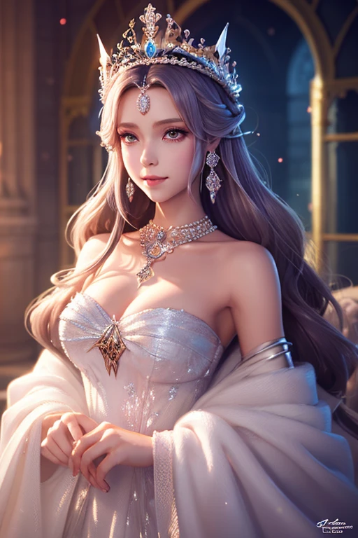 a (chest height photo:1.2) of a beautiful princess wearing a transparent crystal crown, pastel colors, goddess, hypnotizing look, gentle face, perfect face, highly detailed, ultrarealistic, masterpiece, artstation, best quality, atmospheric lighting, cinematic, 8k realistic skin, cheek blush, realistic skin