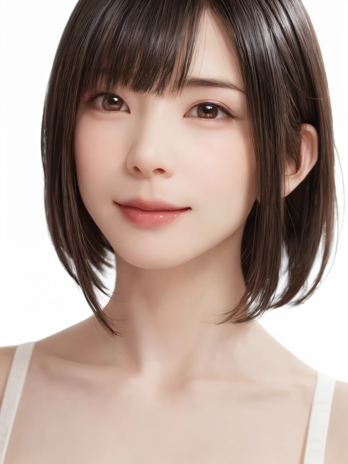 1 girl, alone, Shiny skin, chest, very detaileded, ultra detaileded, Ultra-high resolution, whole body, (Photorealism:1.4), (highest quality), (Best Shadow), Ulzzang-6500, detailed, Perfect lighting, Black Hair, ((Showpiece, highest quality, High precision)), One Girl, (big chest, Realistic: 1.4), (look up at the camera even a little, カメラをlook up, look up, look up at the camera, Looking into the camera))), alone, , White Background, snow-White Background, shut up., smile, pretty Black Hair, short hair:1.6, Big eyes, Transparent double eyelids, eyelash, listen, Long neck, Long neck, Absolute area, ((Face close-up, short hair with bangs)), 19 years old, Attractive proportions, Shiny skin, Beautiful clavicle, Golden ratio face, Perfect Face, Teardrop-shaped mole, chestのほくろ, bangs, clean bangs, beautiful bangs, Lip gloss, Thin lips, White skin, I took off my clothes, big chest, Small face, Small face, 少し上を向いてLooking into the camera, ((smile a little for the camera, really nothing pure White Background, Put out your ears、very big big chest, big chest))