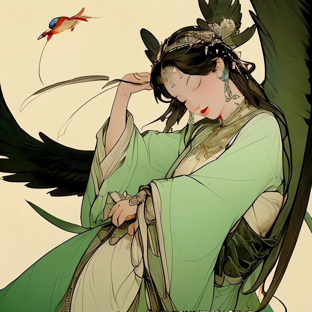 Imagination Tips: This image evokes an ethereal and serene atmosphere with a beautiful girl wearing a thin, green kimono, sitting quietly in a picturesque setting. The diagonal configuration of the scene is captured from a bird's-eye view, providing a unique perspective of the scene.
The background features a magnificent fairy castle, whose walls are adorned with intricate