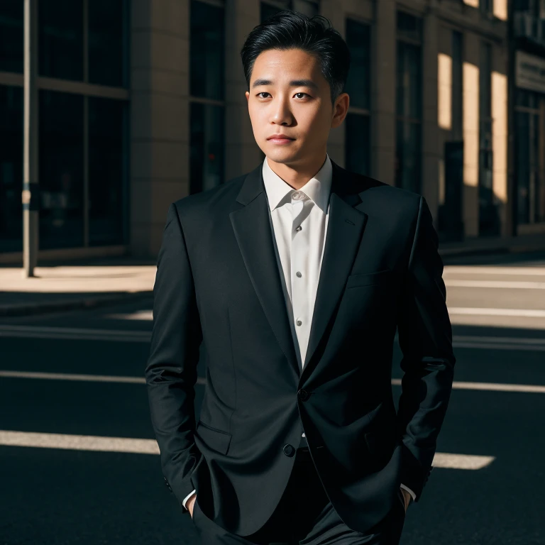 Asian man on the road,Business suit, tuxedo, modern, exaggerated light, 8K images,
