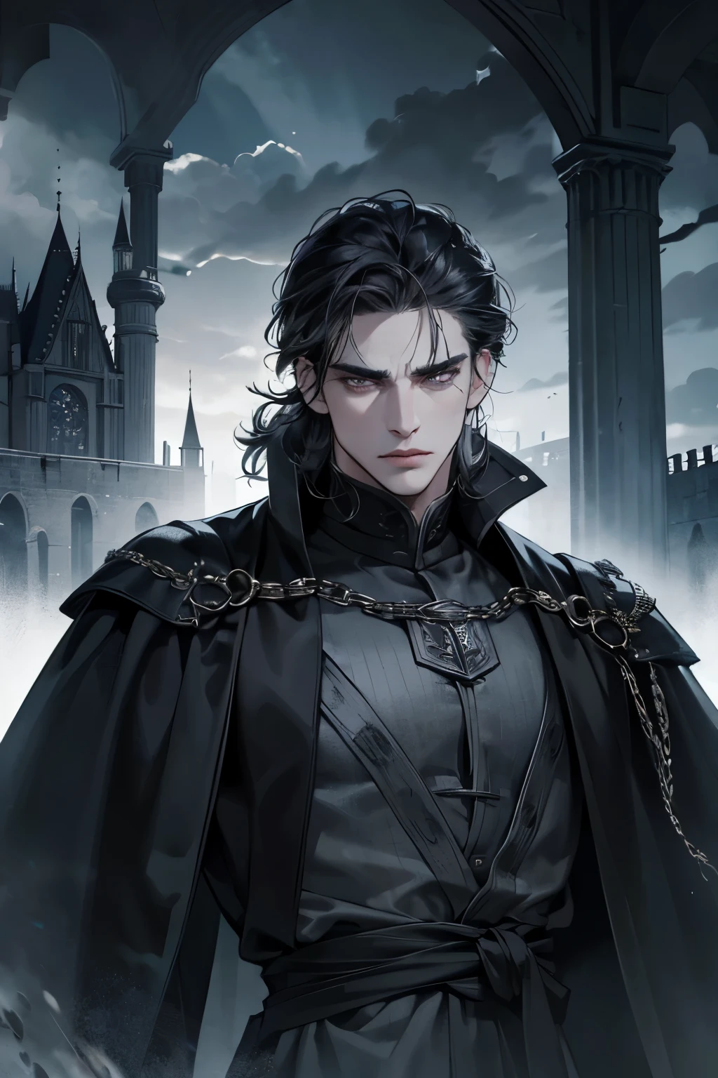 High quality masterpiece, super detailed, super emotion detailed, castle with grass, cold colours dramatic lighting, movie scene, anime style, perfect face, clean eyes, Middle Ages, clean emotions, full body! A cold mean man with black short curly hair, in expensive black Loose robe, with gray shining eyes, he is dark lord, he is arrogant and cold, He has a languid gaze, he is cool. He has black, elongated tattoos resembling veins on his face and body. he has black veins!!! His skin is gray! super quality, 4K, clean eyes, super quality ever! detailed emotions! dark fantasy!, middle ages! dark atmosphere he is sad!