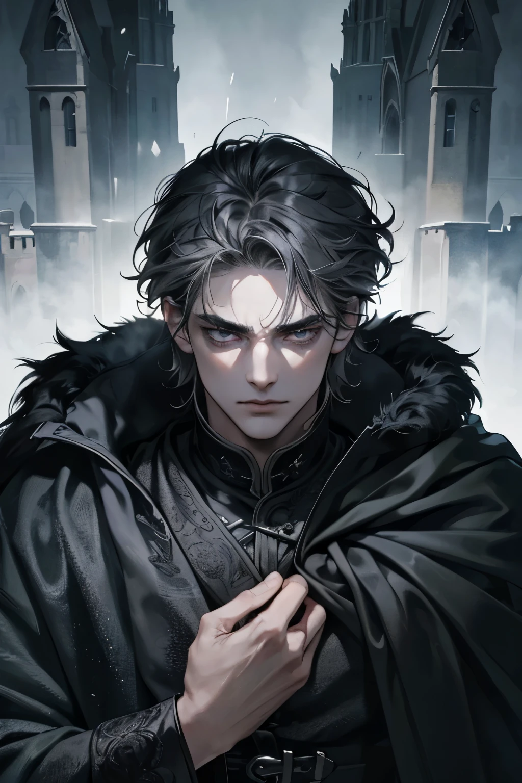 High quality masterpiece, super detailed, super emotion detailed, castle with grass, cold colours dramatic lighting, movie scene, anime style, perfect face, clean eyes, Middle Ages, clean emotions, full body! A cold mean man with black short curly hair, in expensive black Loose robe, with gray shining eyes, he is dark lord, he is arrogant and cold, He has a languid gaze, he is cool. He has black, elongated tattoos resembling veins on his face and body. he has black veins!!! His skin is gray! super quality, 4K, clean eyes, super quality ever! detailed emotions! dark fantasy!, middle ages! dark atmosphere he is sad!
