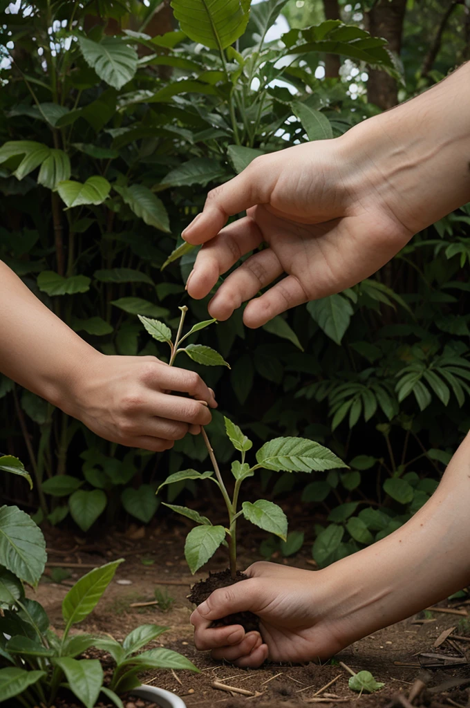 Two hands holding a plant sapling and in the background there is a forest