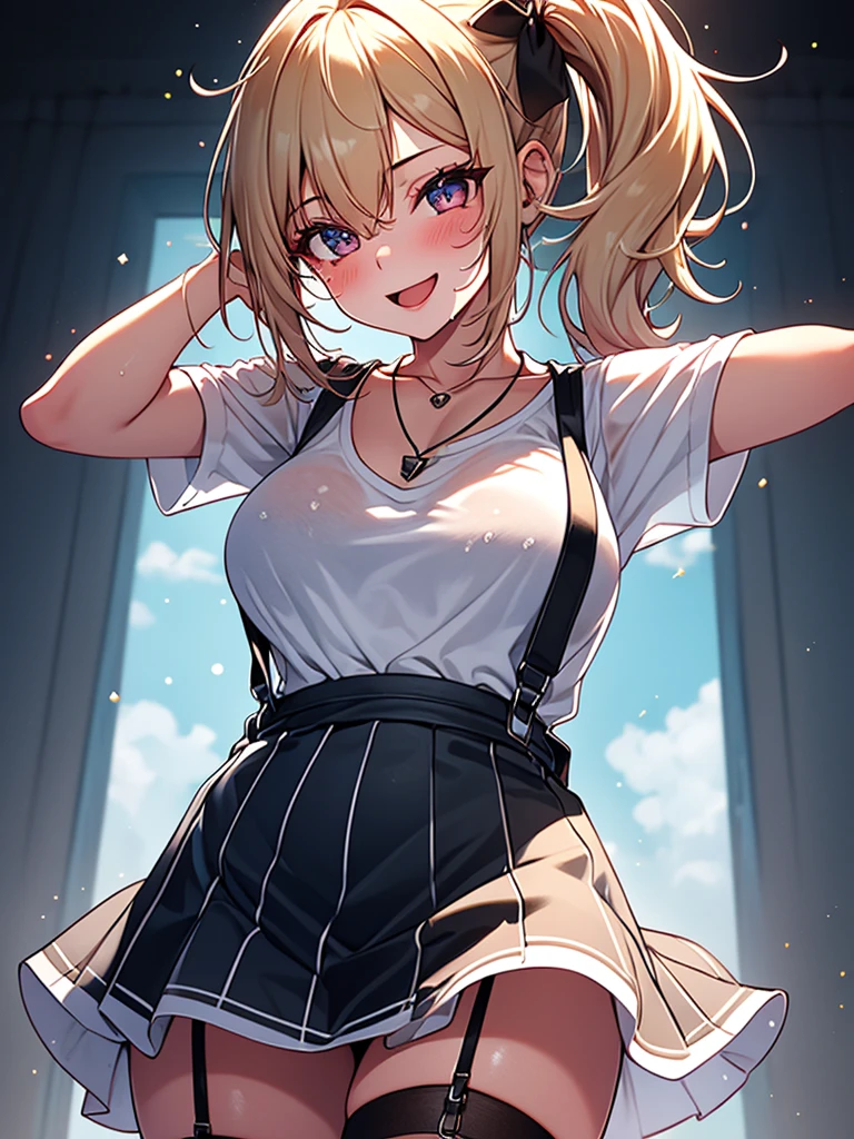 (highest quality, High resolution, perfect pixel, Depth of bounds written, 4K), detailed eyes, (1 girl), (from behind:1.2), perfect body, medium breasts, blond hair, (side ponytail), white t-shirt, see through, (v-neck), (black suspender skirt), waist, necklace, (standing), leaning forward, (arm behind head:1.2), (arms behind back:1.2), blush, seductive smile, open mouth, wet,