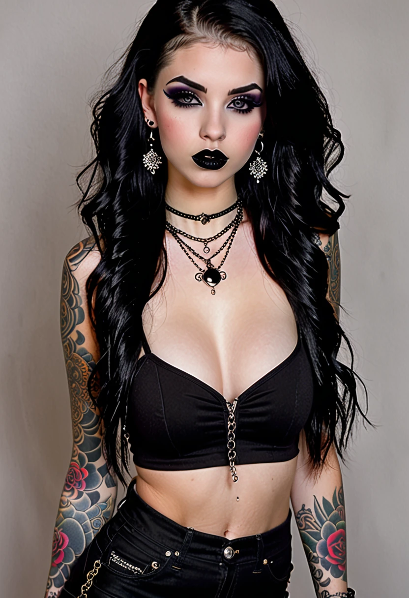 Young short goth teen, seductive facial features, tattooed face,high cheek bones, pure white skin, thin curved black eyebrows, long luscious eyelashes, Black eyeliner, dark black eye shadow, thick black lipstick, curved lips, Cleft chin, extremely detailed long black wavy hair, earrings, lip piercings, choker collar with chains, complete full body photo, small little perky breast, tattooed breast, tattooed Sternum underboob, tattooed stomach, abs, skinny waist, skinny toned hips, toned thighs, small tight little ass,clean shaved pussy, tattooed back, tattooed hips, thick toned ass, tattooed vagina, tattooed ass, sexy seductive lace