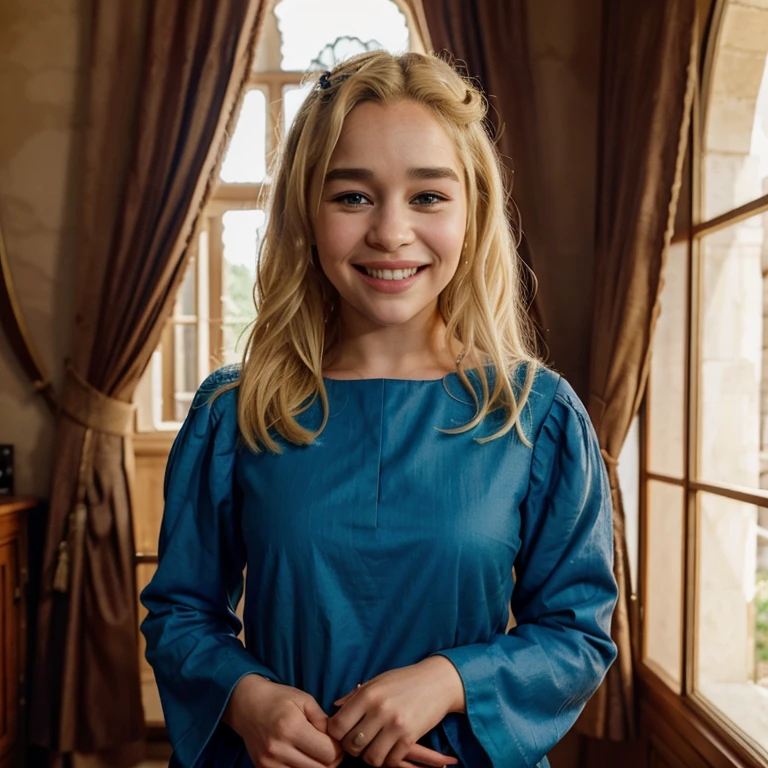 Emilia Clarke with dyed blonde hair dressed as queen of the castle smiling
