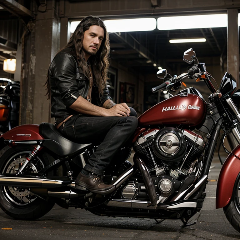 make a photo of a man long hair curly riding a Harley motorbike