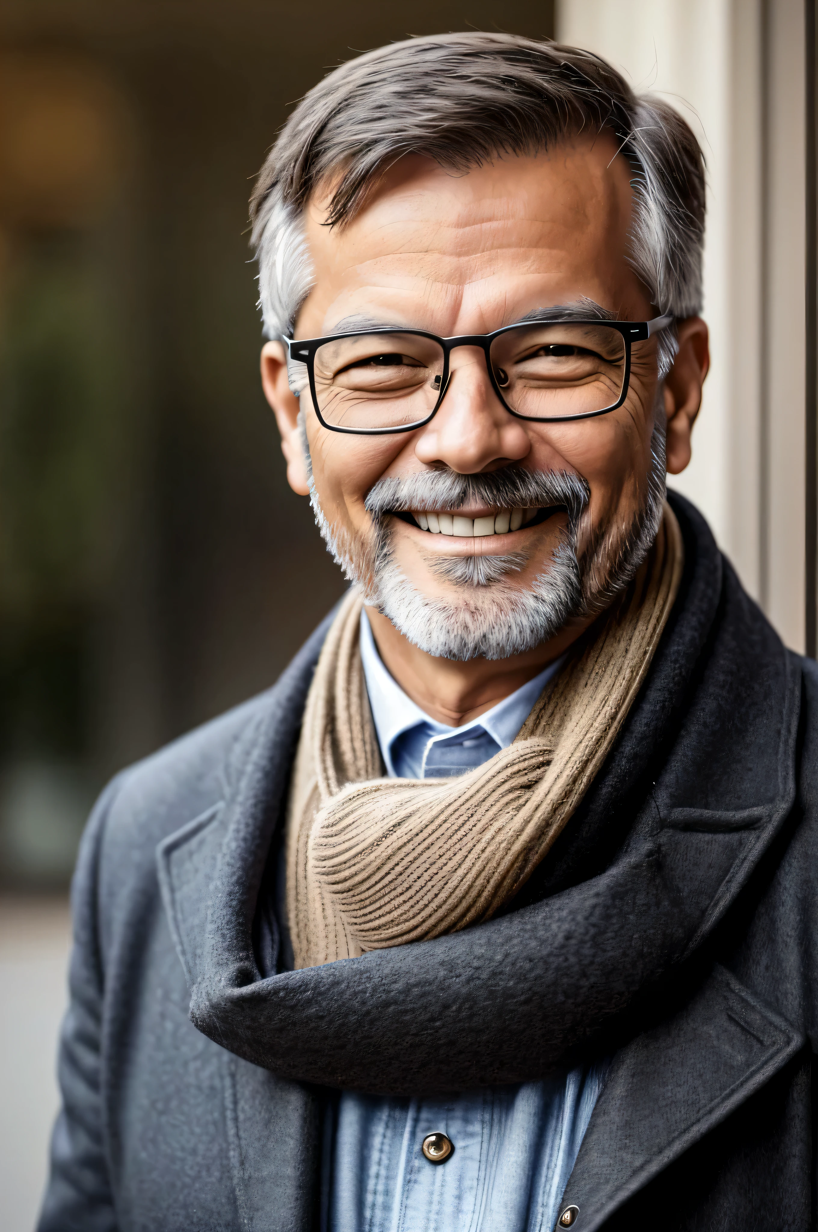 generates a middle-aged man smiling and thoughtful, only profile photo, a lot of friendliness on his face, wearing glasses, realistic image, 8k
