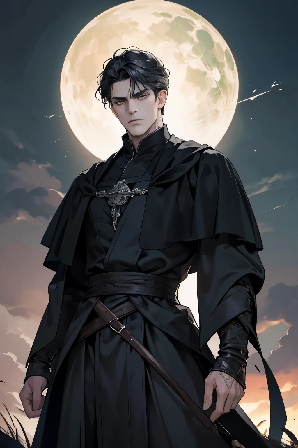 High quality masterpiece, super detailed, super emotion detailed, castle with grass, cold colours dramatic lighting, movie scene, anime style, perfect face, clean eyes, Middle Ages, clean emotions, full body! A cold mean man with black short curly hair, in expensive black Loose robe, with gray shining eyes, he is dark lord, he is arrogant and cold, He has a languid gaze, he is cool. He has black, elongated tattoos resembling veins on his face and body. he has black veins!!! His skin is gray! super quality, 4K, clean eyes, super quality ever! detailed emotions! dark fantasy!, middle ages! dark atmosphere he is sad! looking down at me!