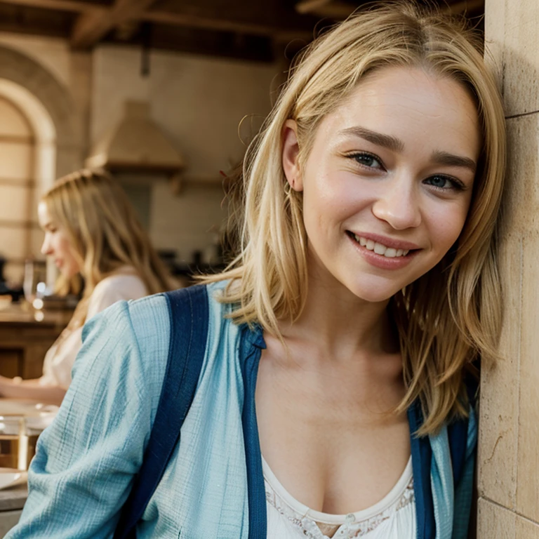 Emilia Clarke with dyed blonde hair dressed in attractive clothes smiling