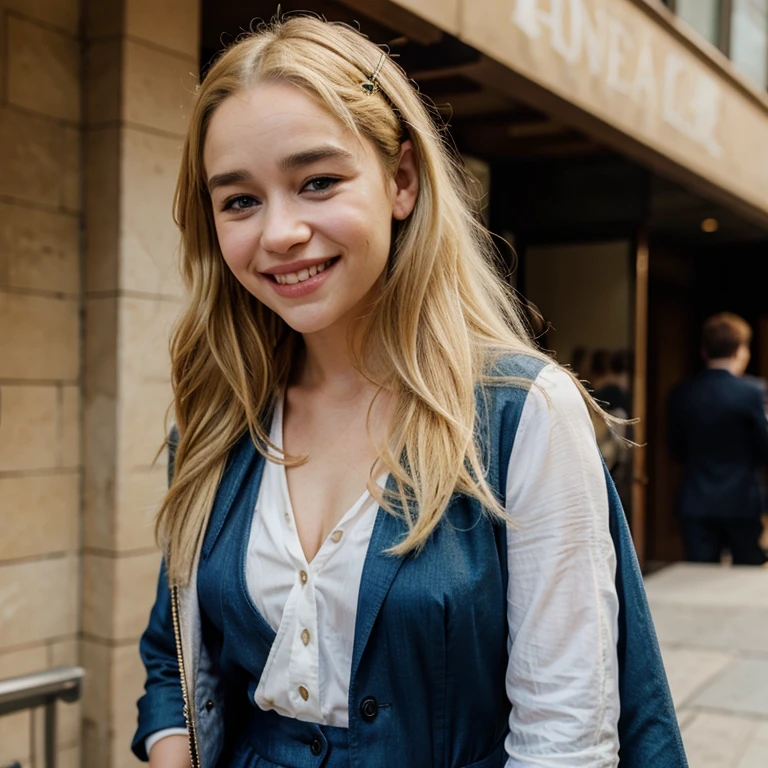 Emilia Clarke with dyed blonde hair dressed in attractive clothes smiling