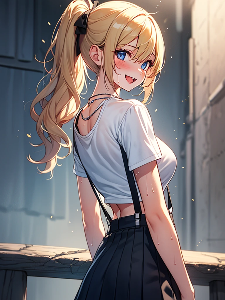 (highest quality, High resolution, perfect pixel, Depth of bounds written, 4K), detailed eyes, (1 girl), (from behind:1.5), perfect body, medium breasts, blond hair, (side ponytail), white t-shirt, see through, (v-neck), (black suspender skirt), waist, necklace, (standing), leaning forward, (arm behind head:1.2), (arms behind back:1.2), blush, seductive smile, open mouth, wet,