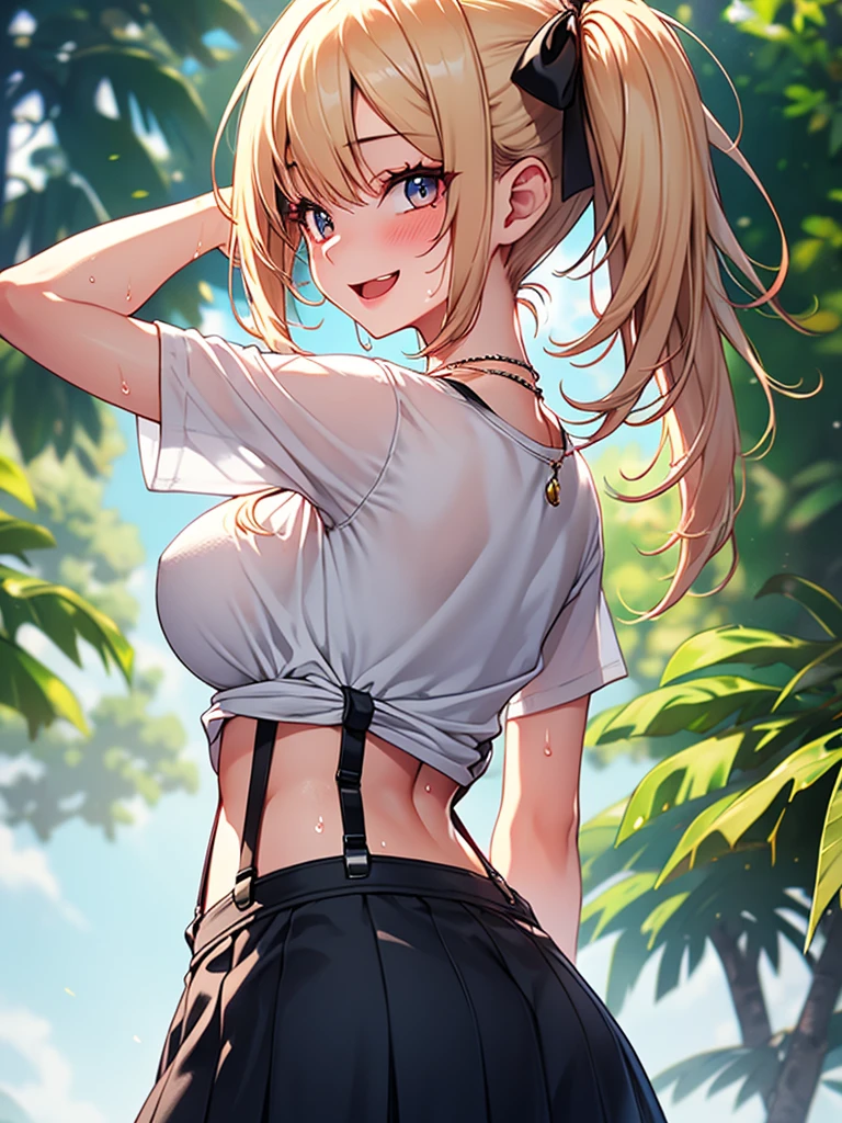  (highest quality, High resolution, perfect pixel, Depth of bounds written, 4K), detailed eyes, (1 girl), (from behind:1.5), perfect body, medium breasts, blond hair, (side ponytail), white t-shirt, see through, (v-neck), (black suspender skirt), waist, necklace, (standing), leaning forward, (arm behind head:1.2), (arms behind back:1.2), blush, seductive smile, open mouth, wet,