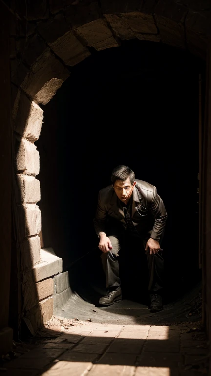 A mysterious man approaching the trapped in hole  son, casting a shadow over him as they offer assistance.