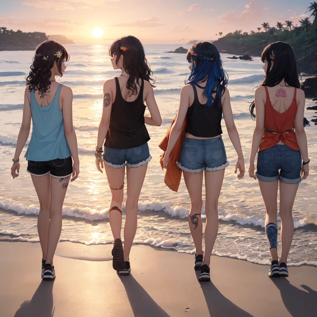 (masterpiece, best quality, ultra detailed, ultra high resolusion, highres,8k:1.4), BREAK,(from behind:1.2),(full body:1.5), 20_years_old, 1giri walking, solo, (the-edge-of-the-waves:1.3), smile, beach, (looking away:1.7), (dark_skin:1.2),(tribal_tatoo:1.2),(wavy hairs),(messy hair),(asymmetry bangs),(multicolored hair),
Tsurime Eyes, (((blue eyes))),
((flower hair ornament)),(shortpants,tanktop:1.4), (sunrise:1.3), morning,