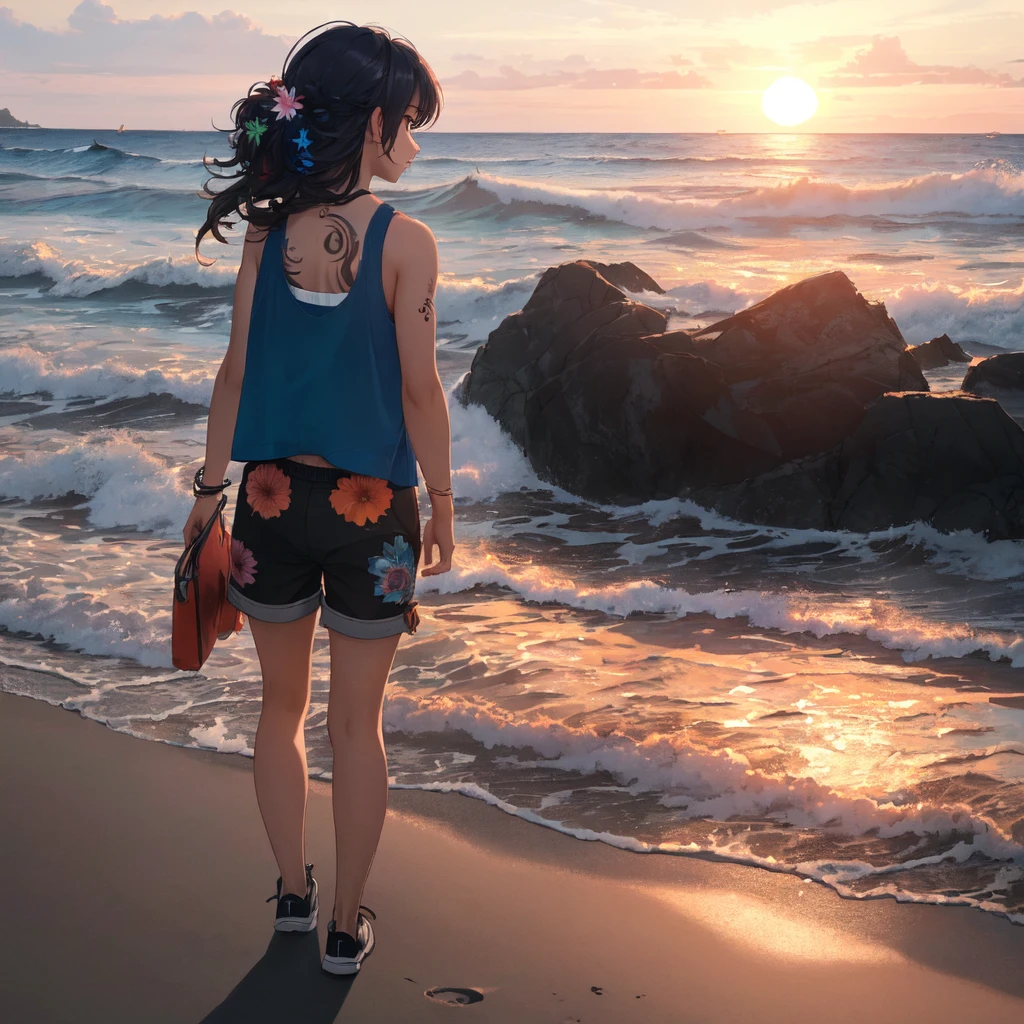 (masterpiece, best quality, ultra detailed, ultra high resolusion, highres,8k:1.4), BREAK,(from behind:1.2),(full body:1.5),  20_years_old, 1giri walking,  solo, (the-edge-of-the-waves:1.3), smile, beach, (looking away:1.7), (dark_skin:1.2),(tribal_tatoo:1.2),(wavy hairs),(messy hair),(asymmetry bangs),(multicolored hair), 
Tsurime Eyes, (((blue eyes))),
((flower hair ornament)),(shortpants,tanktop:1.4), (sunrise:1.3), morning, 