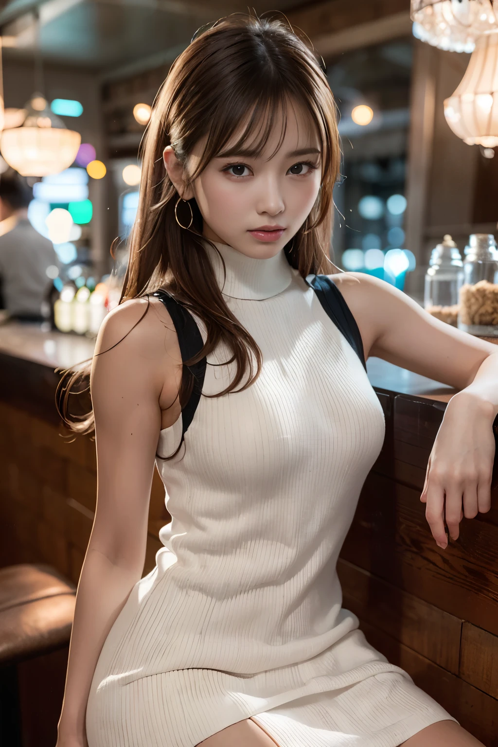 (masterpiece:1.3), High resolution, super detailed, Highly detailed CG Unity 8k wallpaper, realistic, photo-realistic, RAW photo, beautiful and detailed face, white skin, realistic glistening skin, fine cloth texture, detailed hair texture, perfect body, beautiful face, Accurate, anatomically correct, Highly detailed face and skin texture, natural neck length, (beautiful hands), Fair skin, 
break, 
fine eyes, symmetrical eyes, light brown eyes, double eyelid, thin eyebrows, (sexy lips:1.3), (glossy lips:1.4), 
break, 
(classy and cute girl:1.3), ((She is wearing a sleeveless turtleneck white knit dress.:1.3)), (firm chest, well-shaped chest, slender body shape:1.1), strong abdominal muscles, (very seductive face:1.2), (blonde hair, multi-colored inner hair), ((flowing bangs:1.2)), 
break, 
(Sits on a bar chair by the counter in a seductive pose in a stylish bar at night:1.2), (cowboy shot:1.2), 視聴者をFrom the side見る, From the side:0.65,