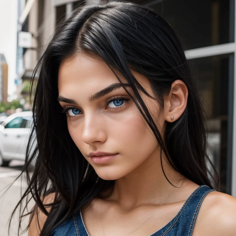 girl, beautiful, ager, black hair, blue eyes, Black top, Black denim shorts, Isis Valverde's face