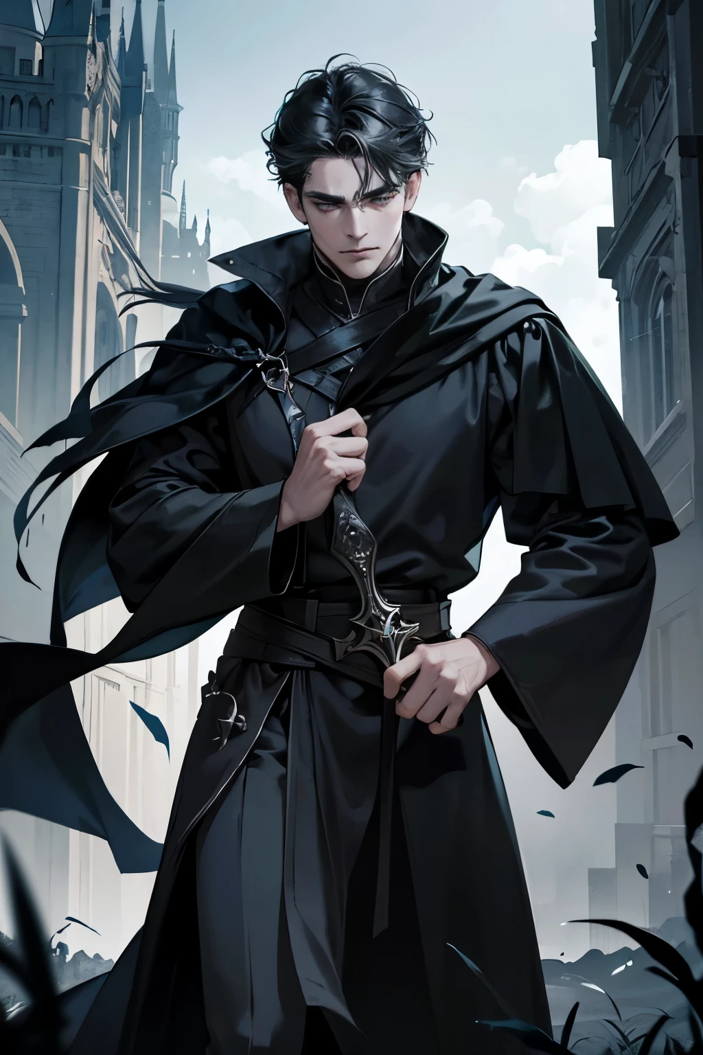 High quality masterpiece, super detailed, super emotion detailed, castle with grass, cold colours dramatic lighting, movie scene, anime style, perfect face, clean eyes, Middle Ages, clean emotions, full body! A cold mean man with black short curly hair, in expensive black Loose robe, with gray shining eyes, he is dark lord, he is arrogant and cold, He has a languid gaze, he is cool. He has black, elongated tattoos resembling veins on his face and body. he has black veins!!! His skin is gray! super quality, 4K, clean eyes, super quality ever! detailed emotions! dark fantasy!, middle ages! dark atmosphere he is sad! looking down at me! he is tired! he is tired!