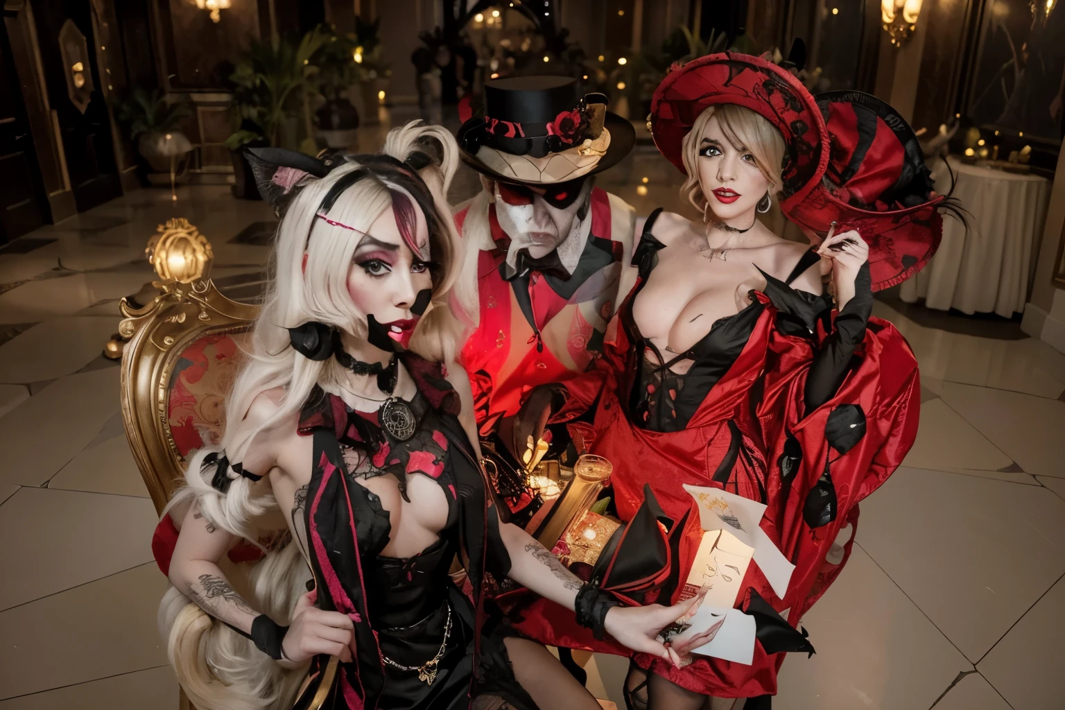 (Best quality, 8k, 32k, Masterpiece, UHD:1.2) Transform the scene into the chaotic yet vibrant Hazbin Hotel from the Hazbin Hotel series. Envision a grand and opulent lobby adorned with luxurious furnishings and extravagant decor, juxtaposed with a hint of sinister undertones. Capture the eclectic mix of colorful characters bustling about, each with their own unique quirks and personalities. Incorporate the whimsical yet eerie atmosphere of the hotel, with flickering lights and mysterious shadows adding to the sense of intrigue. Infuse the scene with the larger-than-life energy of the denizens of Hell as they navigate the twisted corridors and dark secrets of the Hazbin Hotel.