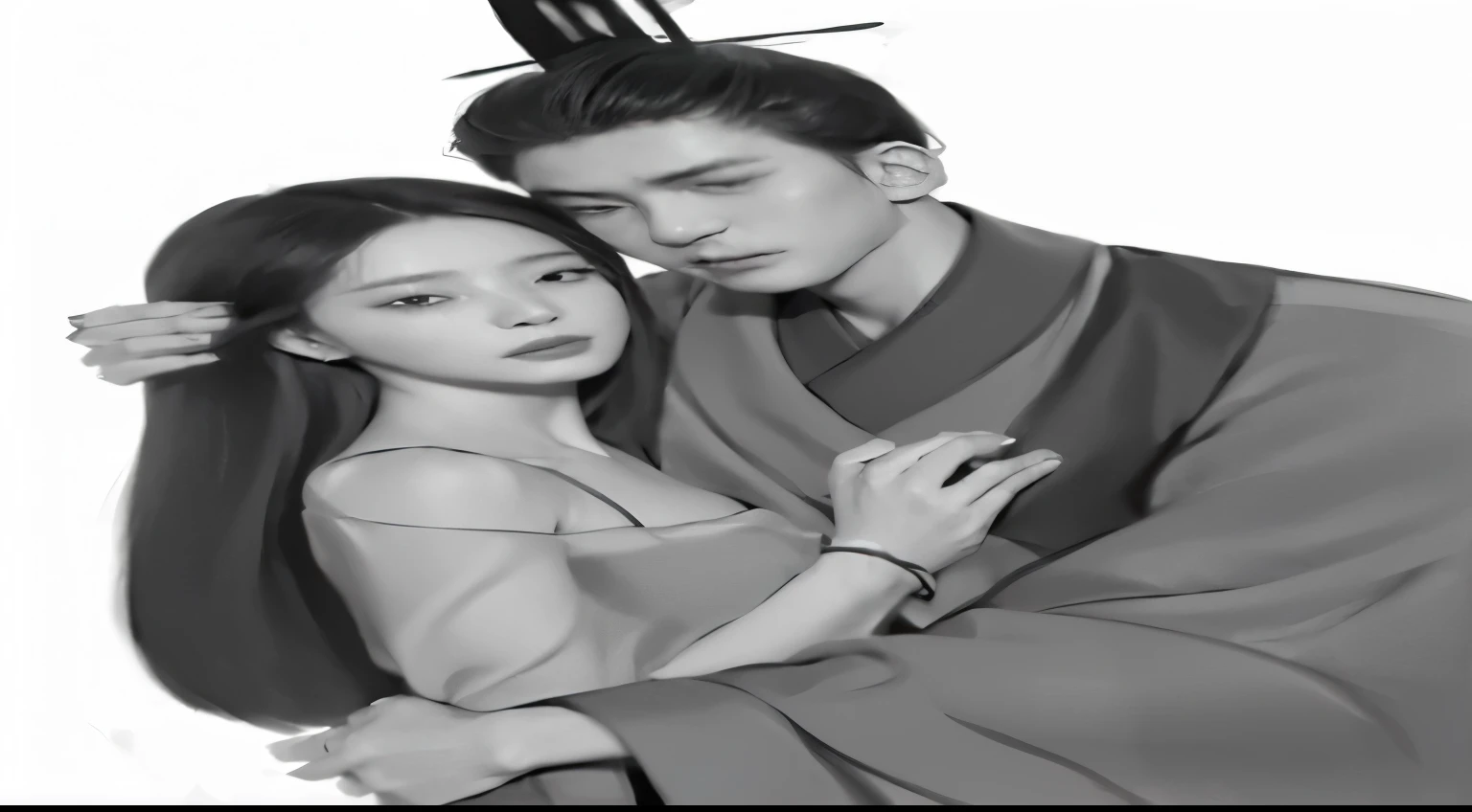 Drawing of a man and woman hugging each other, Couple pose, Artwork in the style of gouache, By Tang Xin Yun Sandara, High quality fan art, Style in digital painting, Inspired by Shin Saimdang, Black and white sketch, In the art form of the pond, Inspiration from Kim Deuksin, Inspiration from Zhang Han